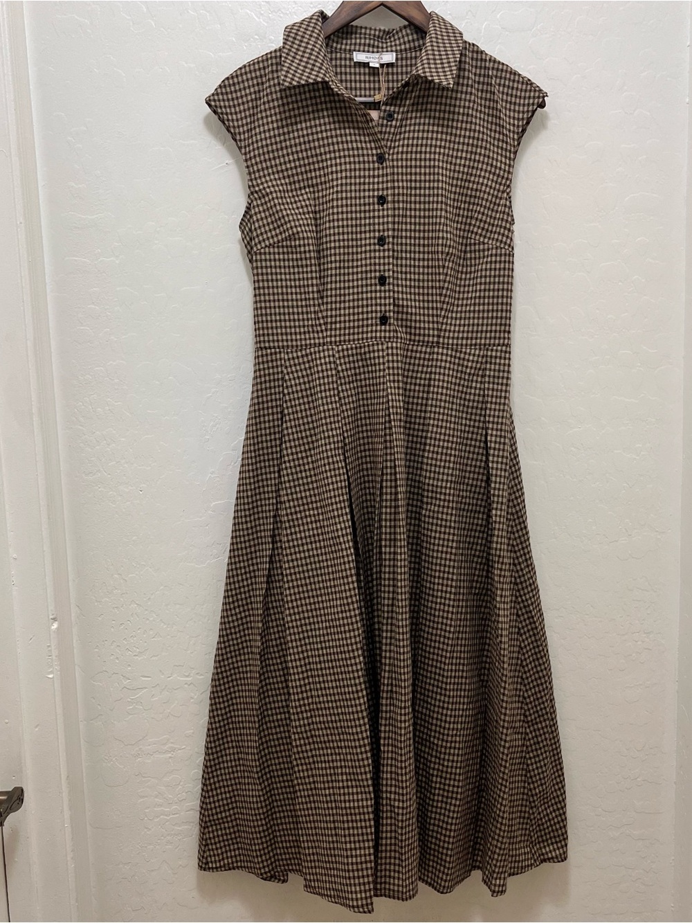 RIHOAS Brown Plaid Button Pleated Midi Dress Size S NWT Gingham Academia Vintage - Picture 4 of 8